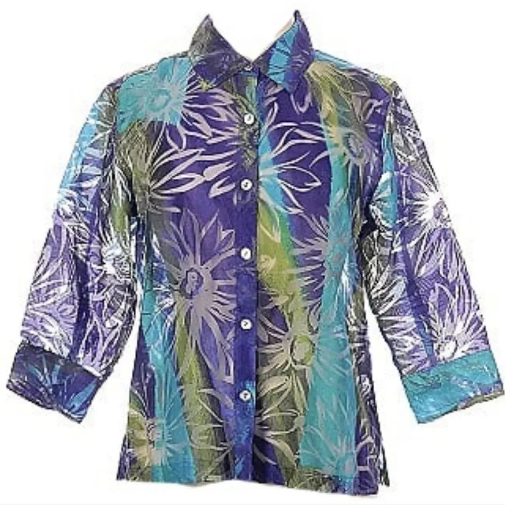 🔹️Vintage Blue & Purple Semi Sheer Floral 3/4 Sleeve Top Petite Large